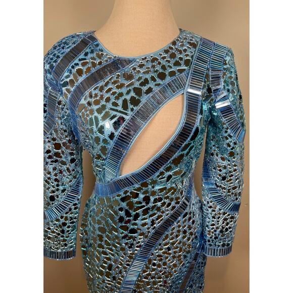 Retrofete Kia Mirror Embellished Mosaic Long Sleeve Blue Atoll Mini Dress Sz M - Picture 7 of 15